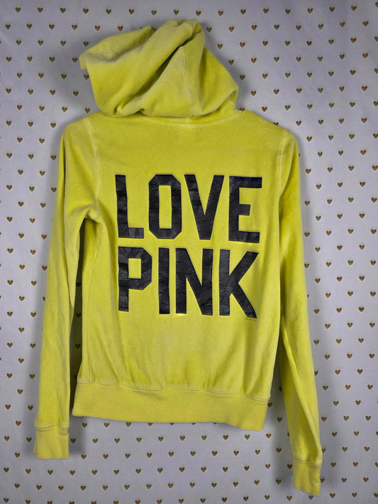 Victorias Secret Pink Y2K Vintage VELOUR Yellow Full Zip Hoodie Jacket LOVE  XS