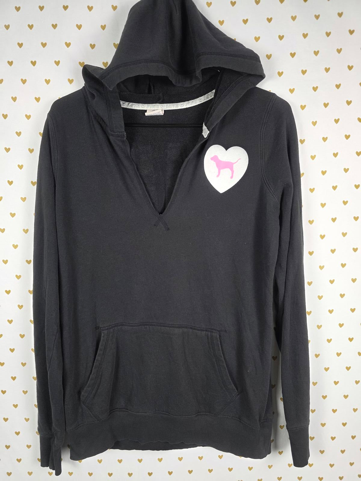 Victorias Secret Pink VINTAGE Heart LOVE DOG V Neck Pullover Hoodie Sweater SM