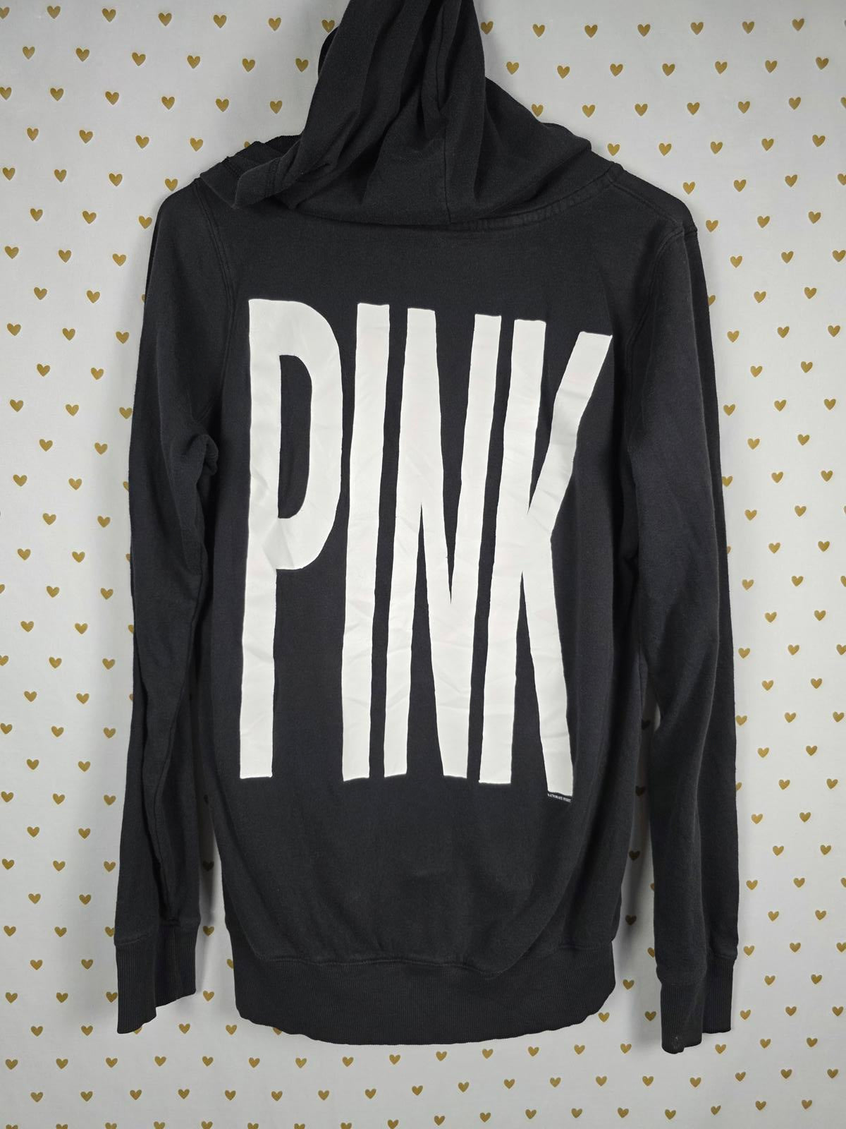 Victorias Secret Pink VINTAGE Heart LOVE DOG V Neck Pullover Hoodie Sweater SM