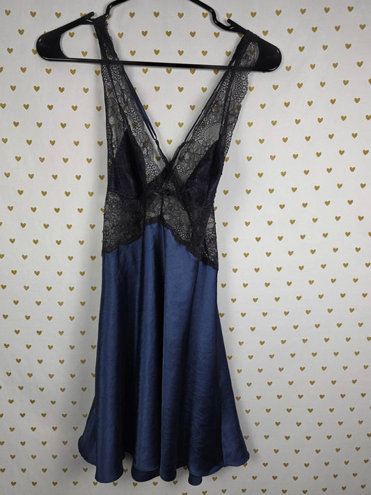 Victorias Secret Sexy SATIN Blue Lace Nightie Slip Dress Lingerie Large