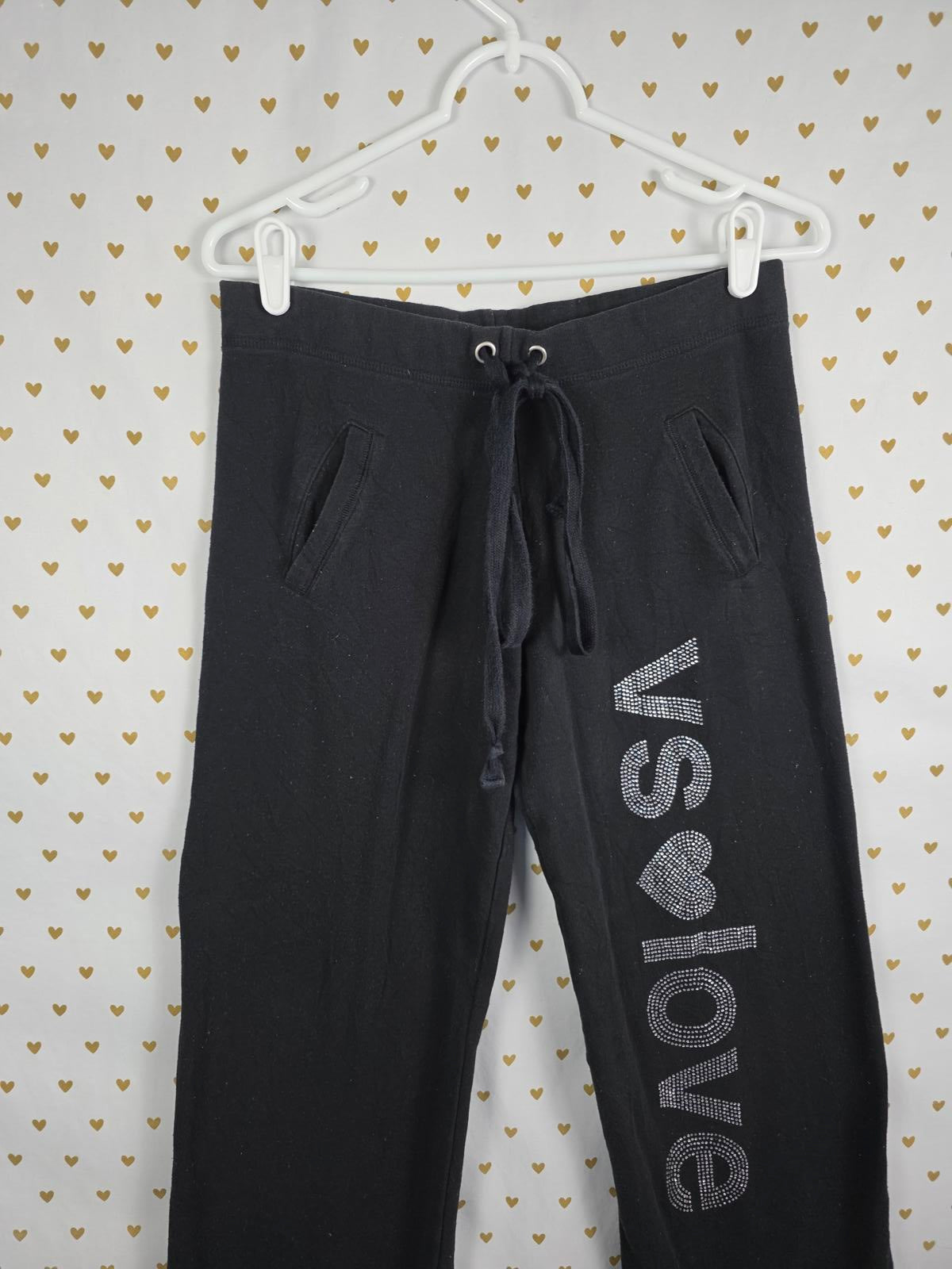 Victorias Secret BLING STUDDED VS LOVE Sweatpants Flare Raw Hem Black XS