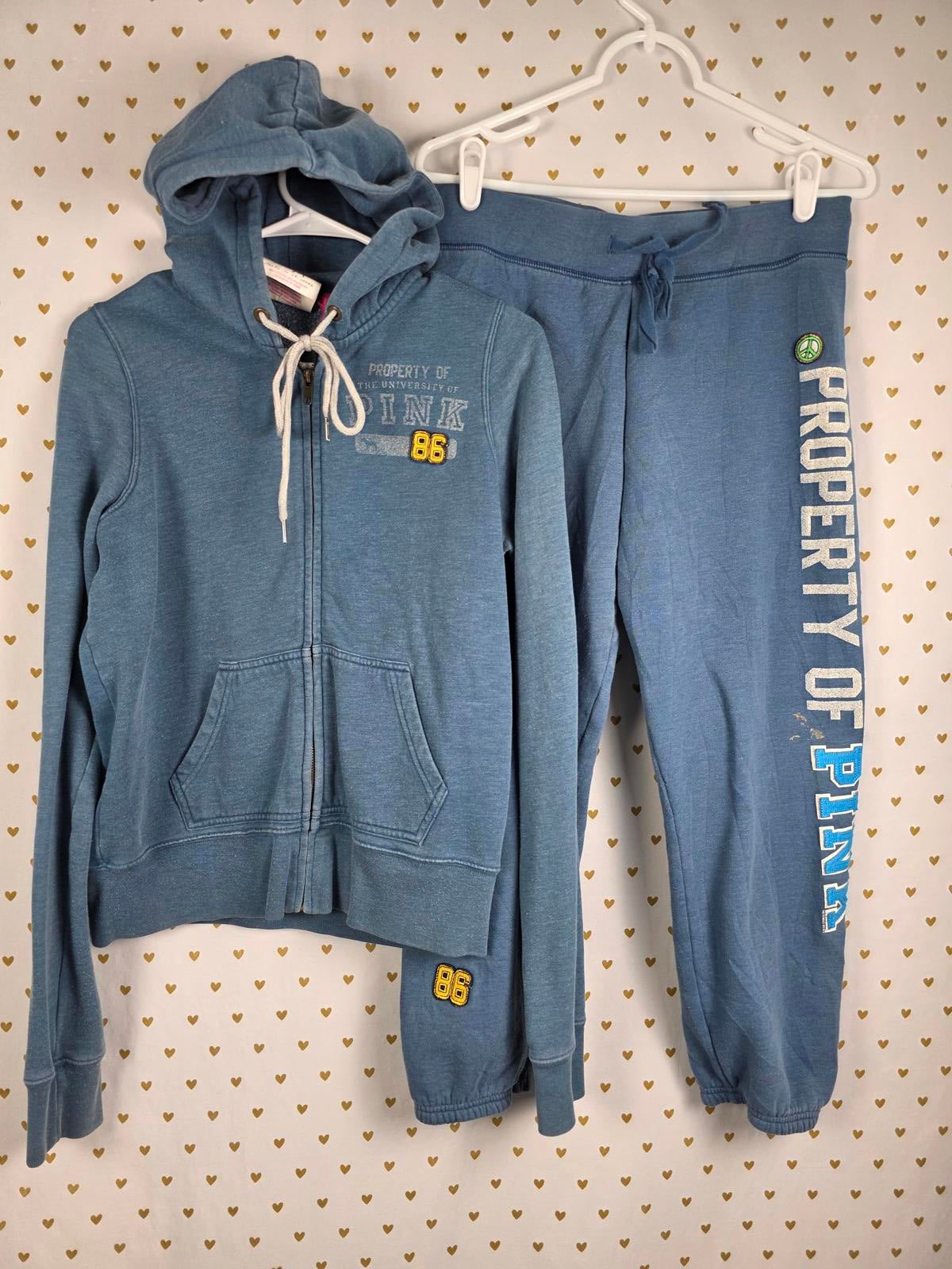 Victorias Secret PINK VINTAGE SET Joggers Hoodie Jacket SMALL Y2k Blue Full zip