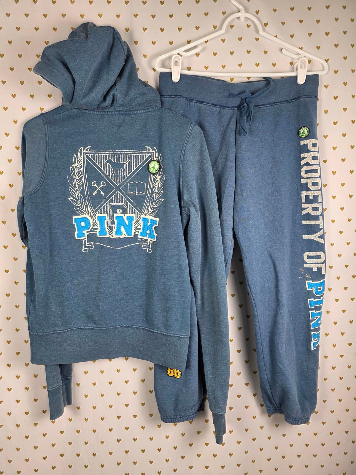 Victorias Secret PINK VINTAGE SET Joggers Hoodie Jacket SMALL Y2k Blue Full zip