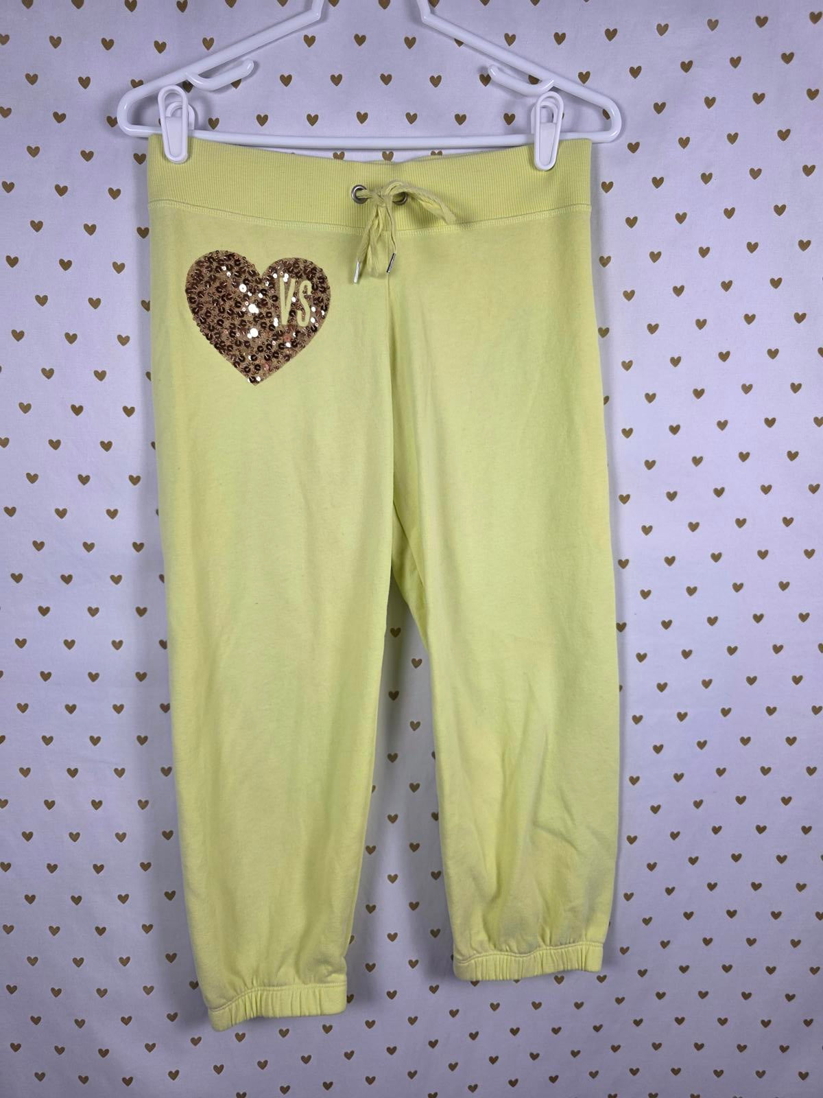 Victorias Secret Yellow BLING Heart XS Tapered Joggers Sweatpants Sequined