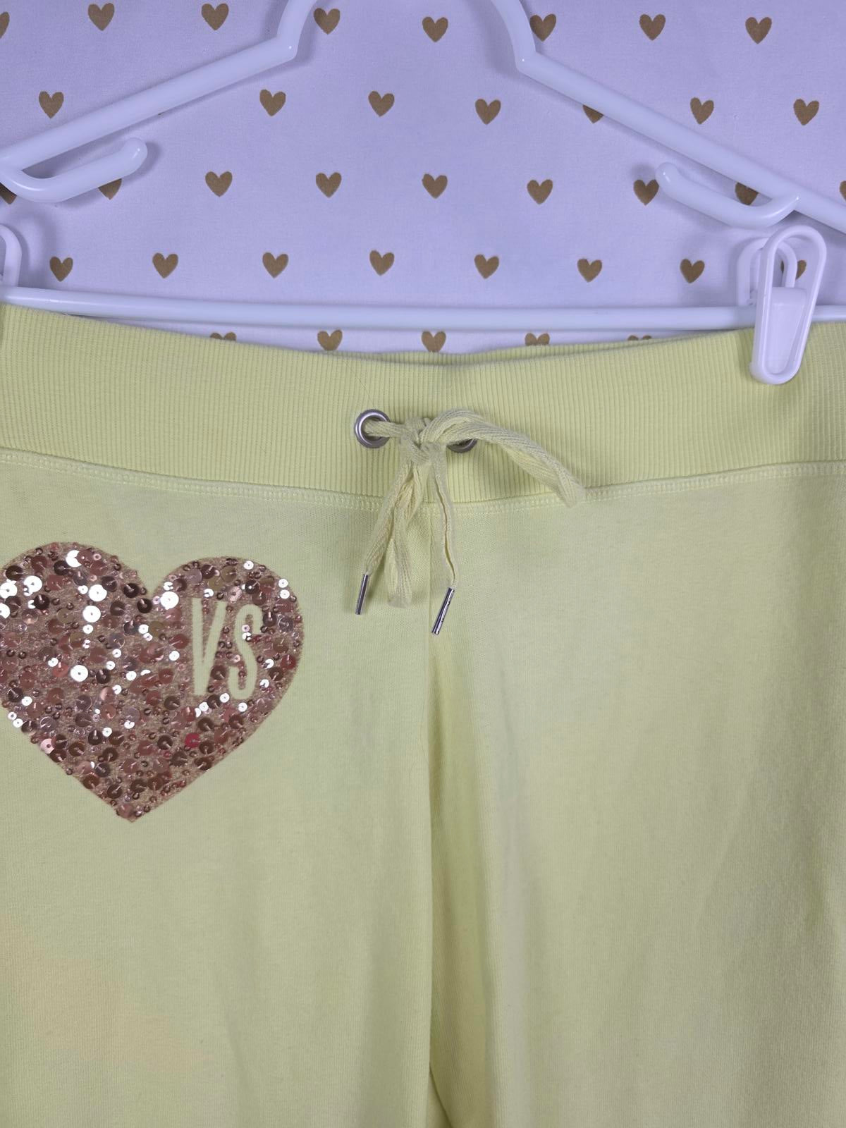 Victorias Secret Yellow BLING Heart XS Tapered Joggers Sweatpants Sequined