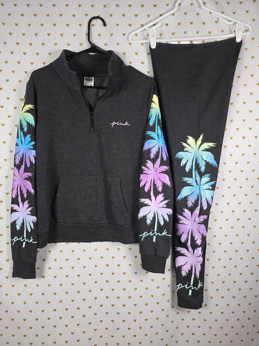 Victorias Secret Pink GLITTERED Set Quarter Zip Sweater & Leggings Palm Tree SM