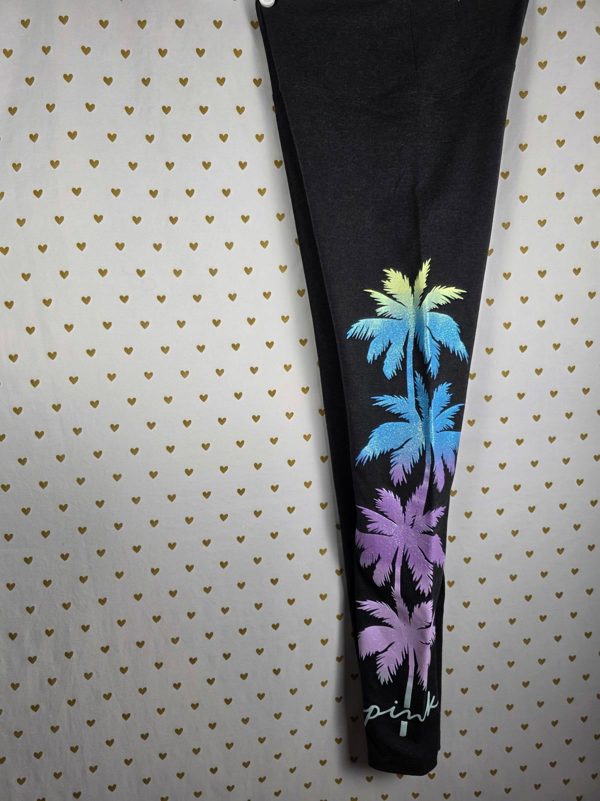 Victorias Secret Pink GLITTERED Set Quarter Zip Sweater & Leggings Palm Tree SM