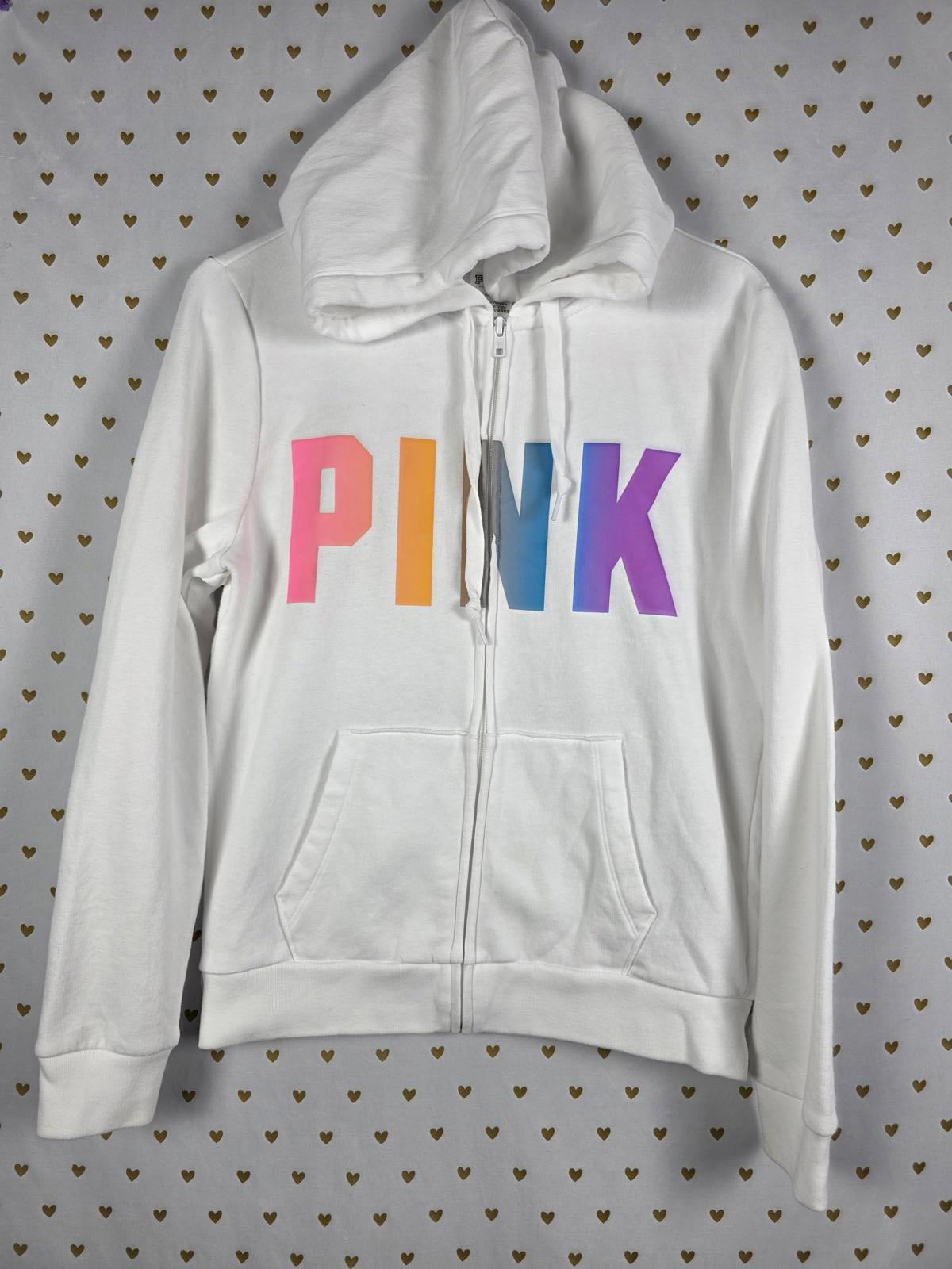 Victorias Secret Pink RAINBOW Full Zip Hoodie Logo Sweater Jacket White SMALL