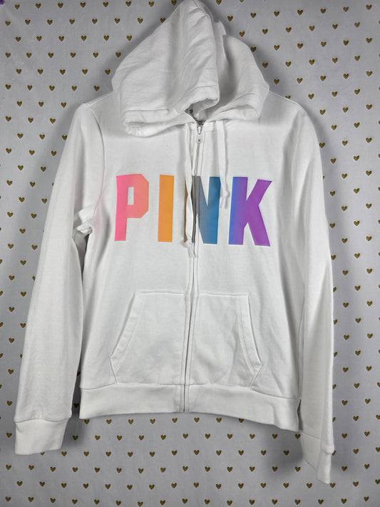 Victorias Secret Pink RAINBOW Full Zip Hoodie Logo Sweater Jacket White SMALL