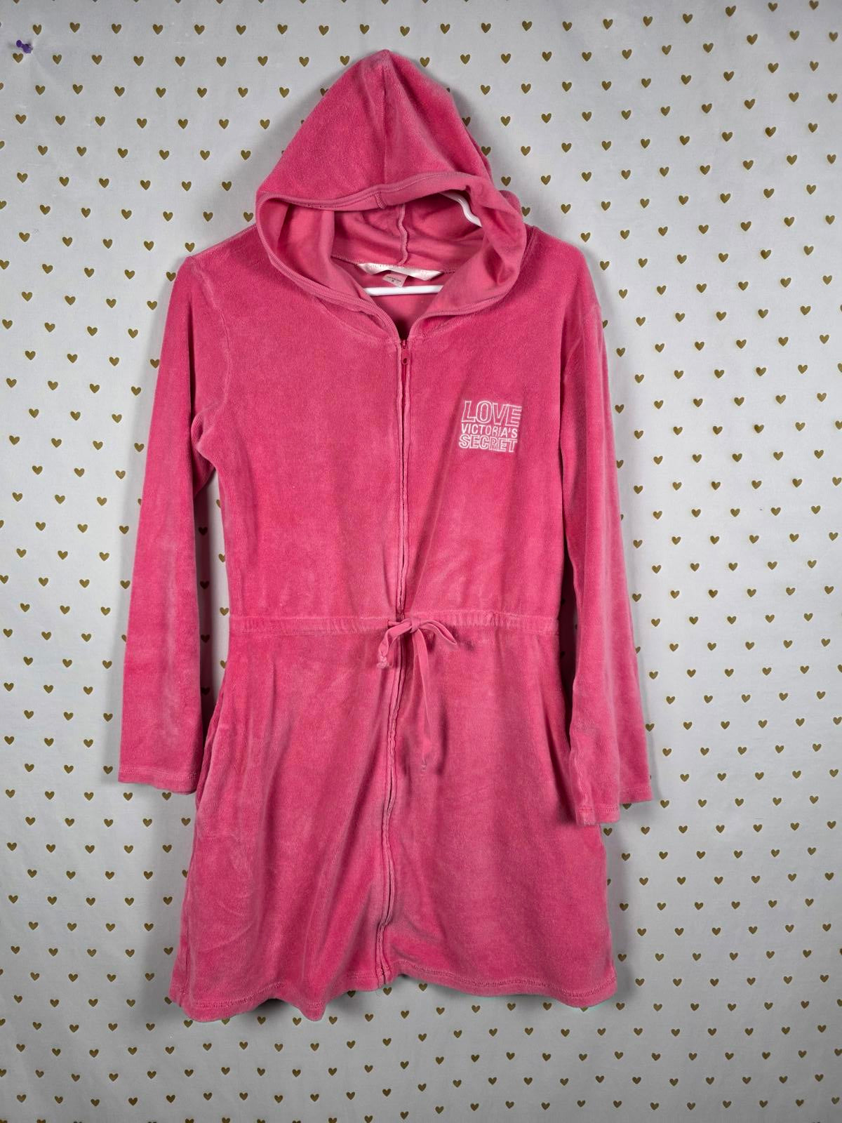 Victorias Secret PINK VINTAGE Y2k LOVE Terry Cloth ROBE Full ZIp DRESS Hooded SM