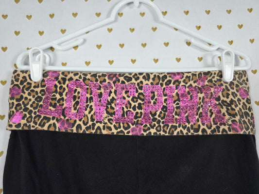 Victorias Secret PINK RARE Leopard Cheetah Foldover Yoga Pants Capri LARGE BLING
