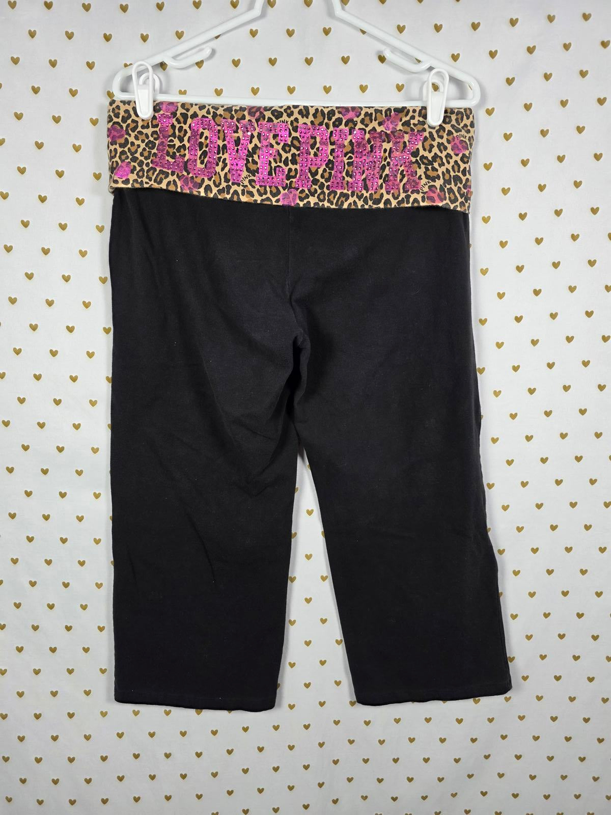 Victorias Secret PINK RARE Leopard Cheetah Foldover Yoga Pants Capri LARGE BLING