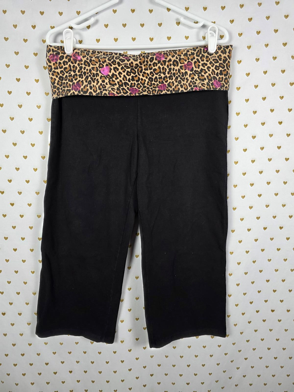 Victorias Secret PINK RARE Leopard Cheetah Foldover Yoga Pants Capri LARGE BLING