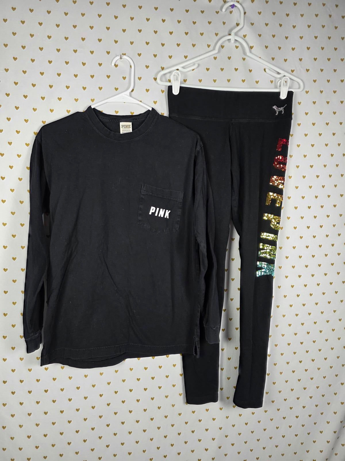 Victorias Secret PINK  RAINBOW BLING Campus Tee Shirt & Leggings SET Yoga XS SM