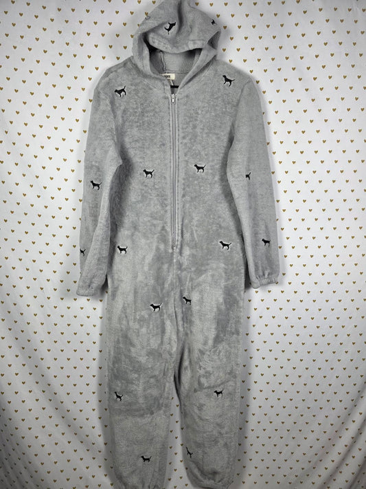 Victoria Secret Pink Teddy Soft Pajama M/L Dogs Gray one piece RARE Sleep