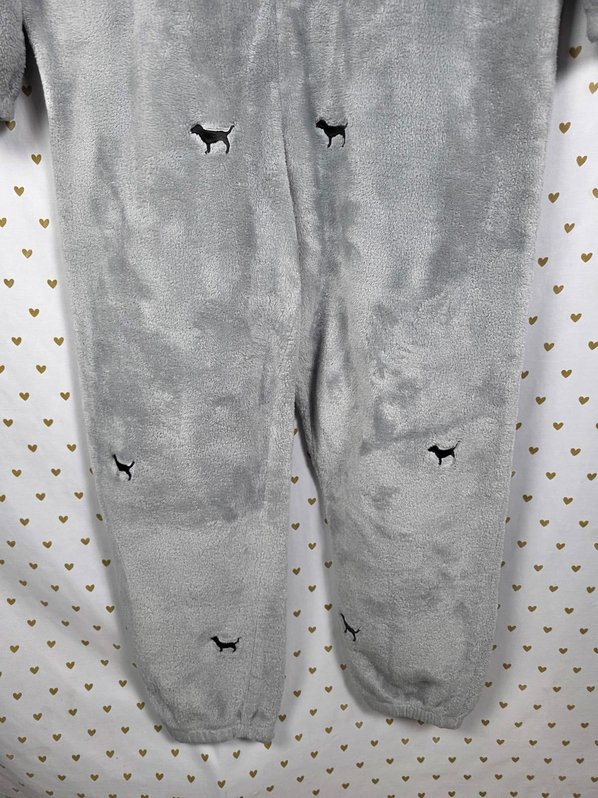 Victoria Secret Pink Teddy Soft Pajama M/L Dogs Gray one piece RARE Sleep