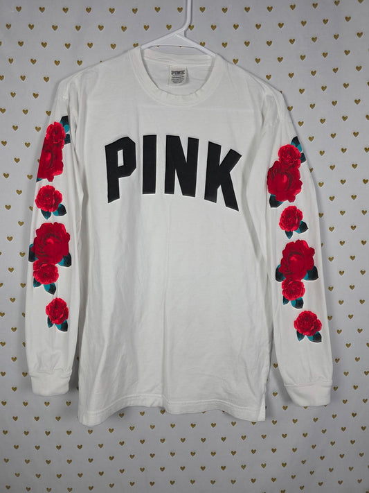 Victorias Secret PINK Long Sleeve FLORAL Campus Logo Tee Shirt White XS