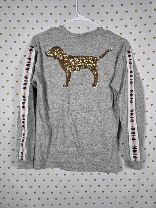 Victorias Secret PINK GOLD DOG BLING Sequined Logo Stripe Campus Tee shirt XS