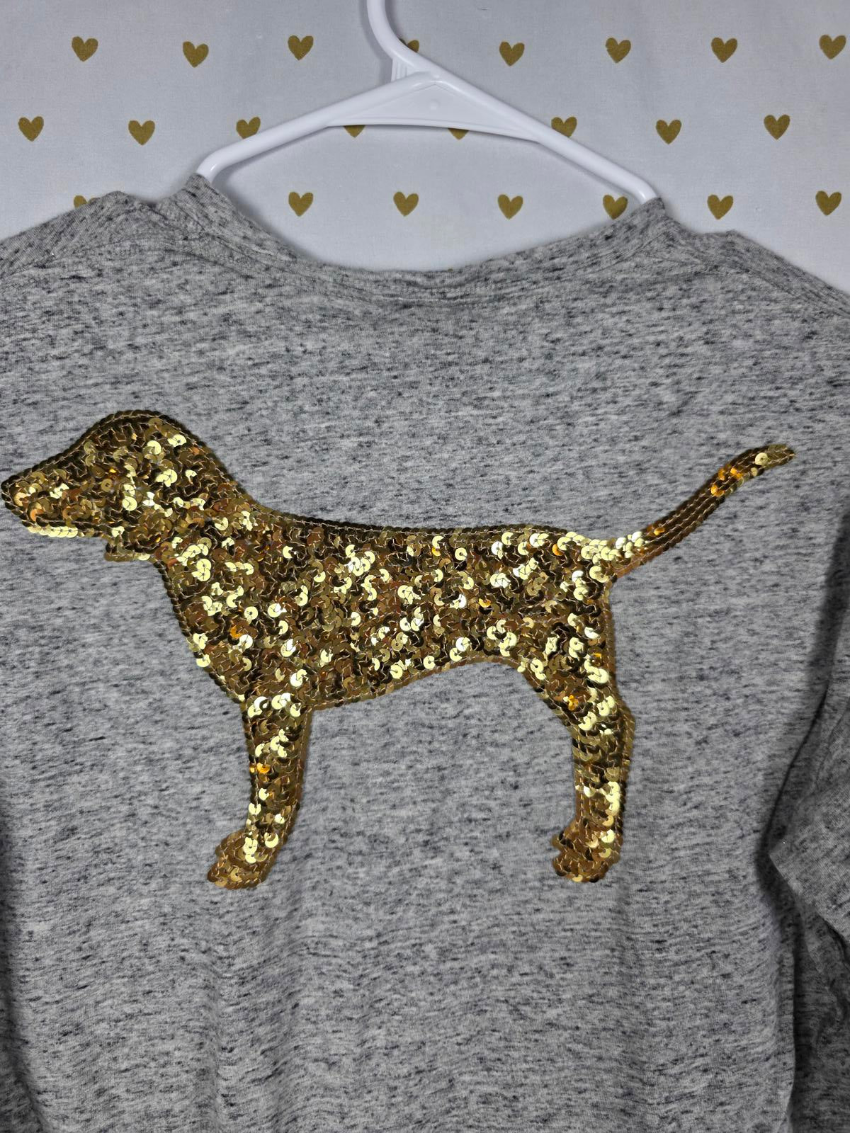 Victorias Secret PINK GOLD DOG BLING Sequined Logo Stripe Campus Tee shirt XS