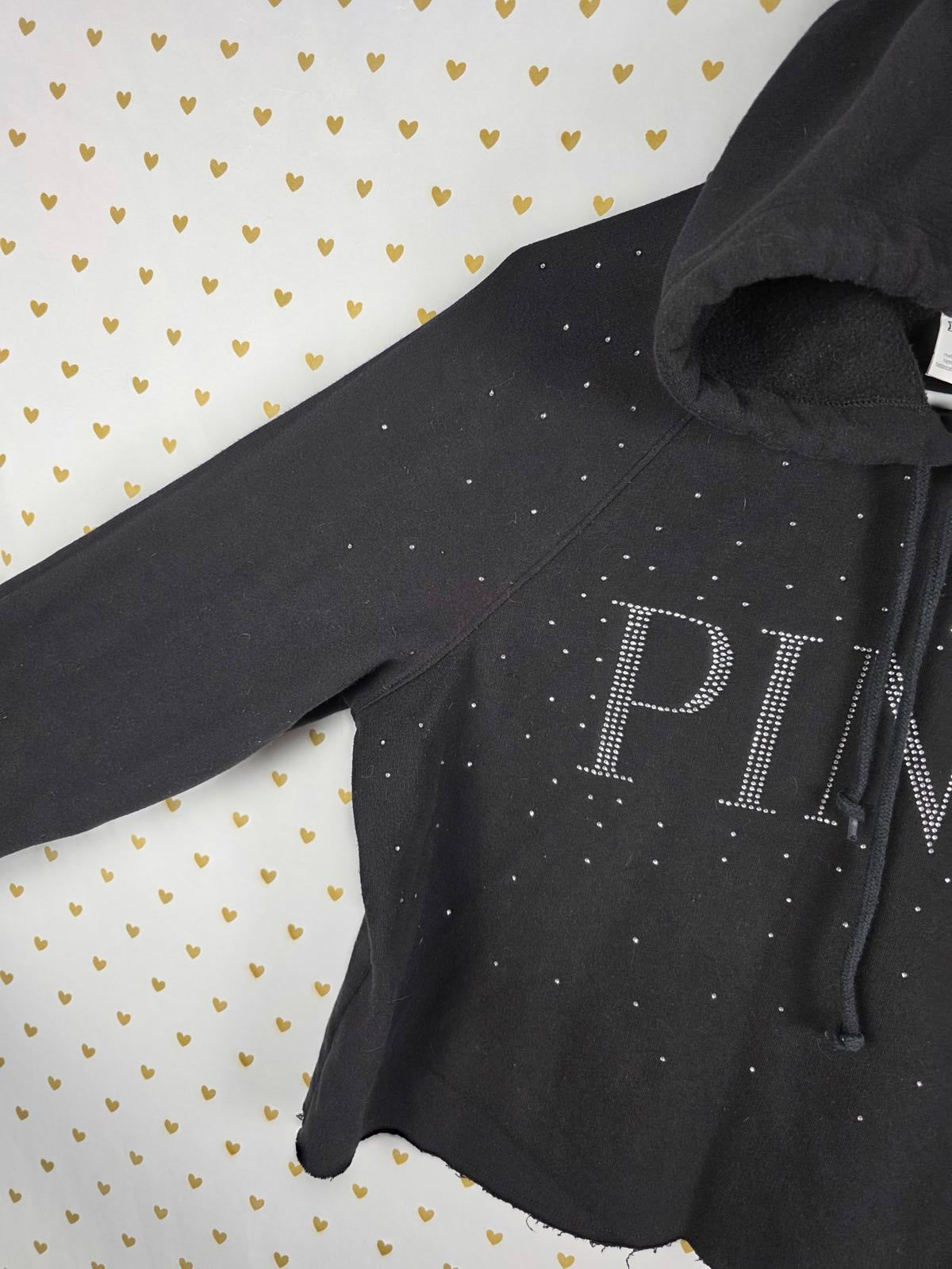 Victorias Secret Pink BLING SHINE Rhinestone Gem Hooded Logo Sweater Shirt MED