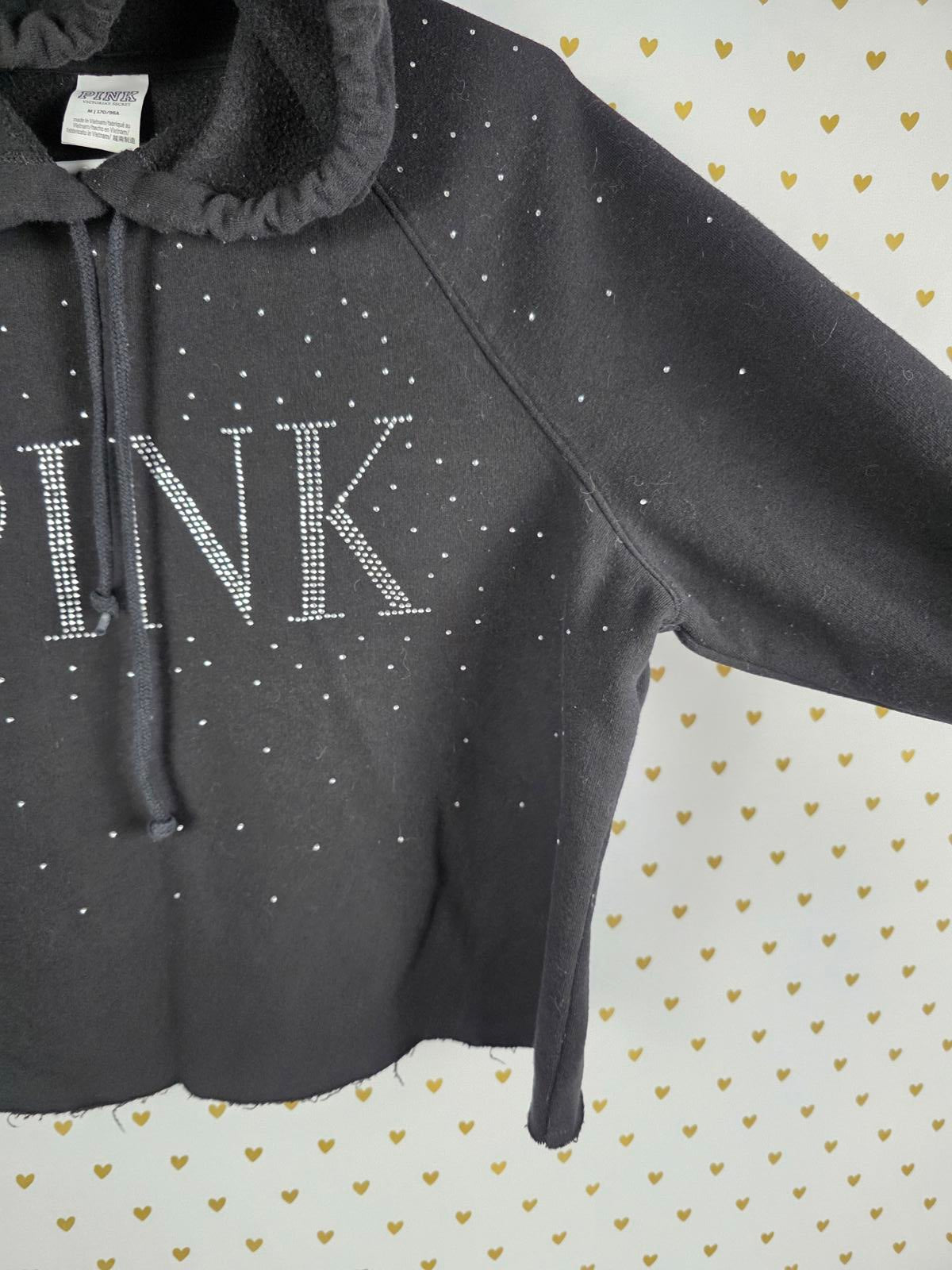 Victorias Secret Pink BLING SHINE Rhinestone Gem Hooded Logo Sweater Shirt MED