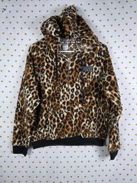 Victorias Secret Pink CHEETAH LEOPARD FUZZY Pullover Hooded Jacket Coat SMALL