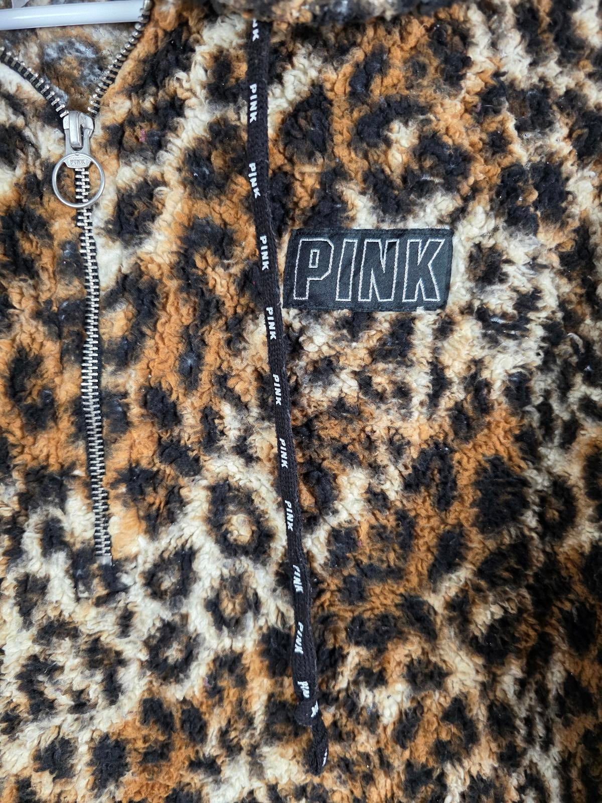 Victorias Secret Pink CHEETAH LEOPARD FUZZY Pullover Hooded Jacket Coat SMALL