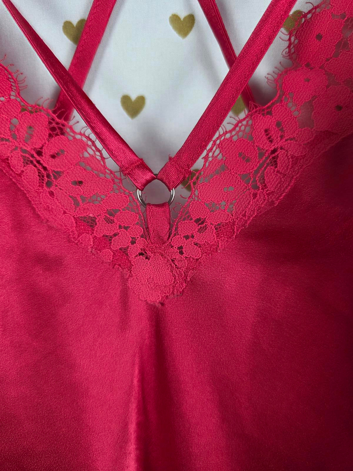 Victorias Secret RED Satin Cross Strappy Slip Dress lingerie Nightie Lace SMALL