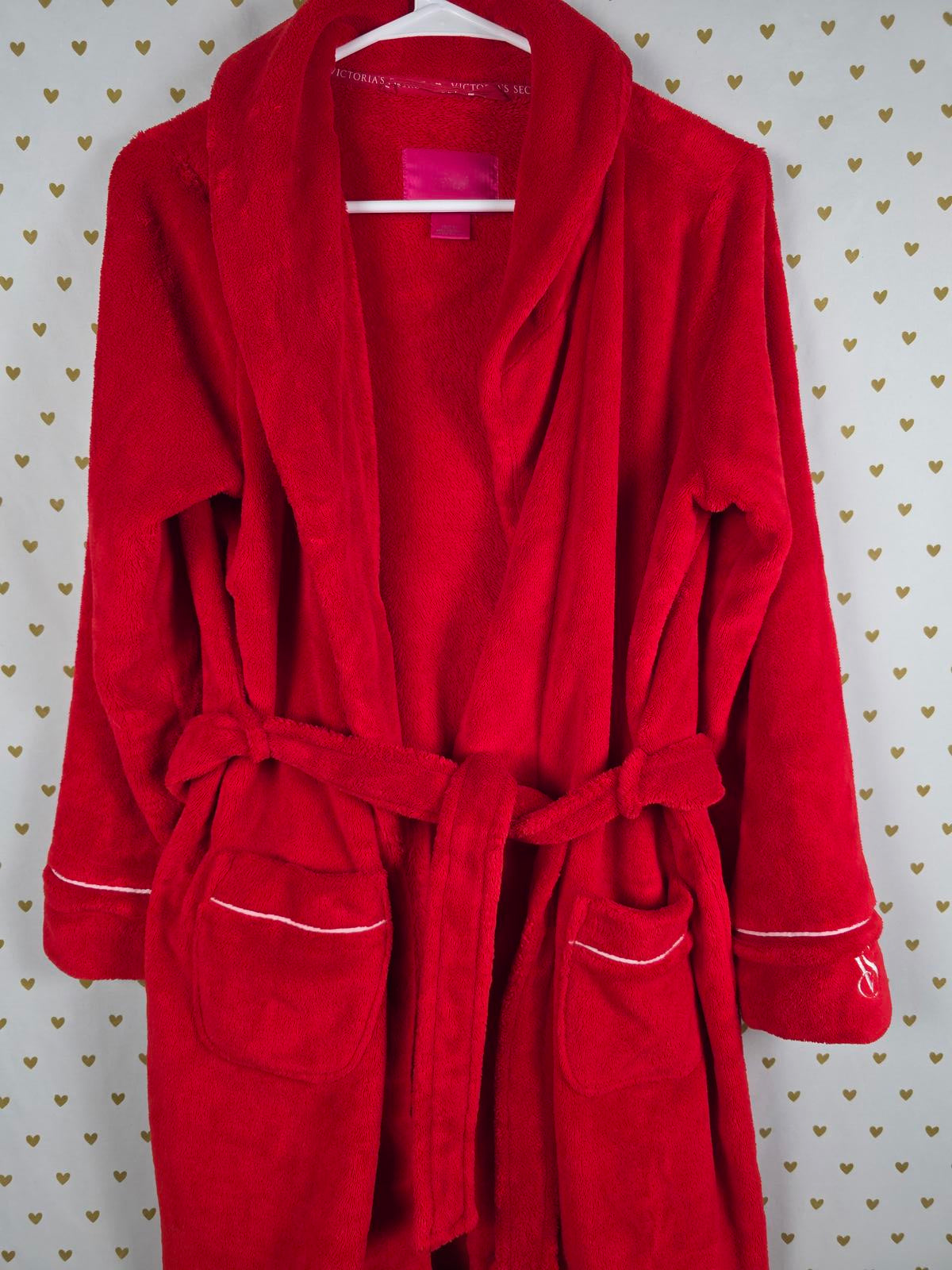 Victorias Secret Fluffy Thick RED VS Logo Bathrobe Bath Robe  Pockets VTG XS