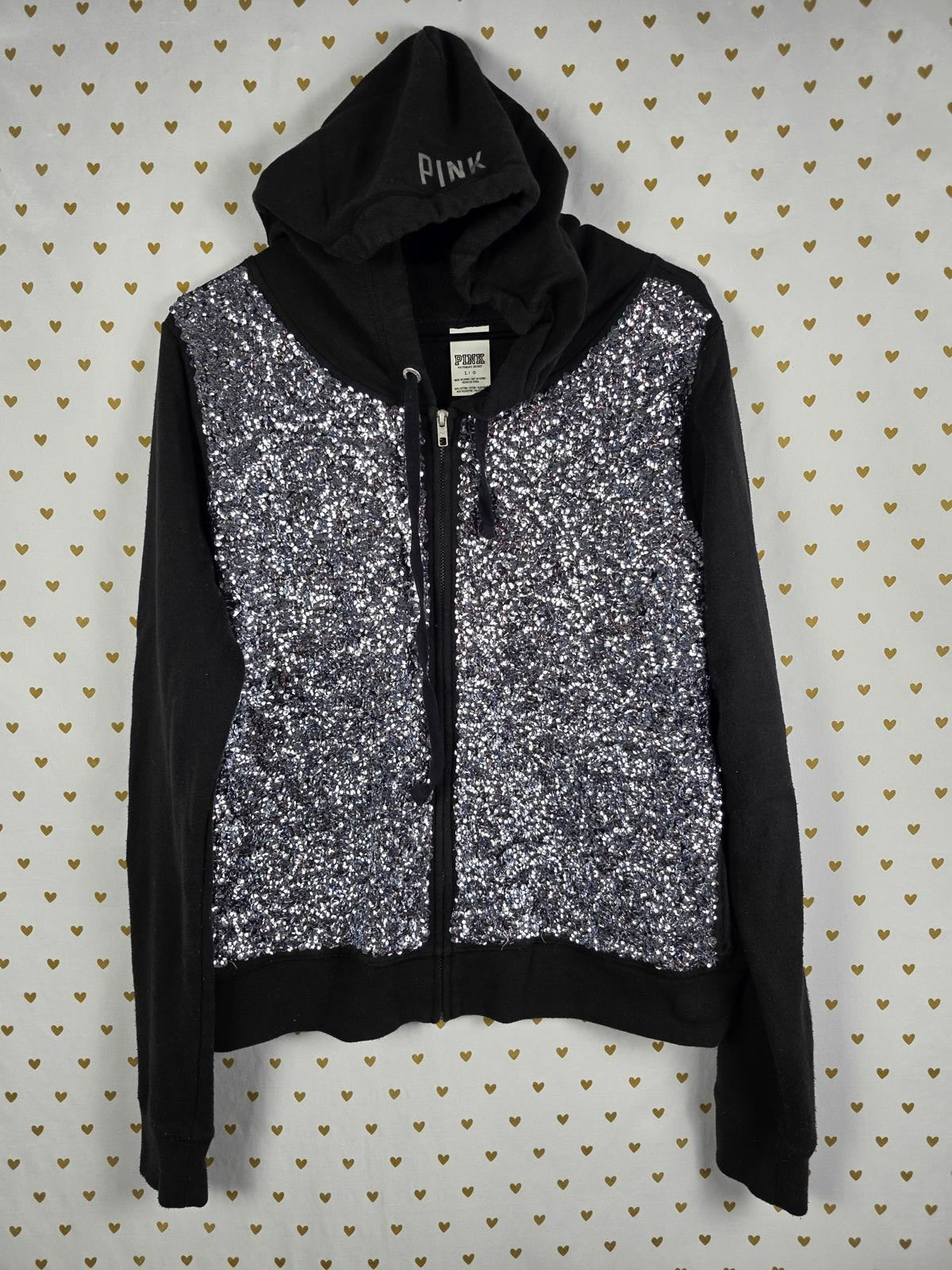 Victoria's Secret PINK Fashion Show Silver Sequin BLING Shine Hoodie LARGE RARE