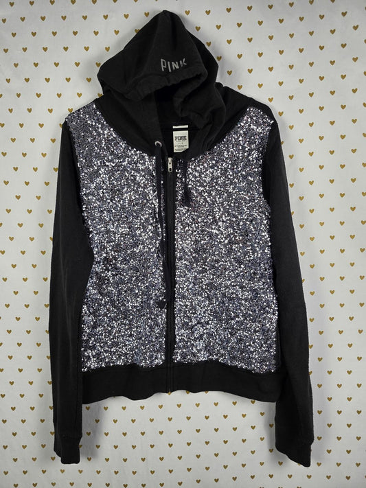Victoria's Secret PINK Fashion Show Silver Sequin BLING Shine Hoodie LARGE RARE