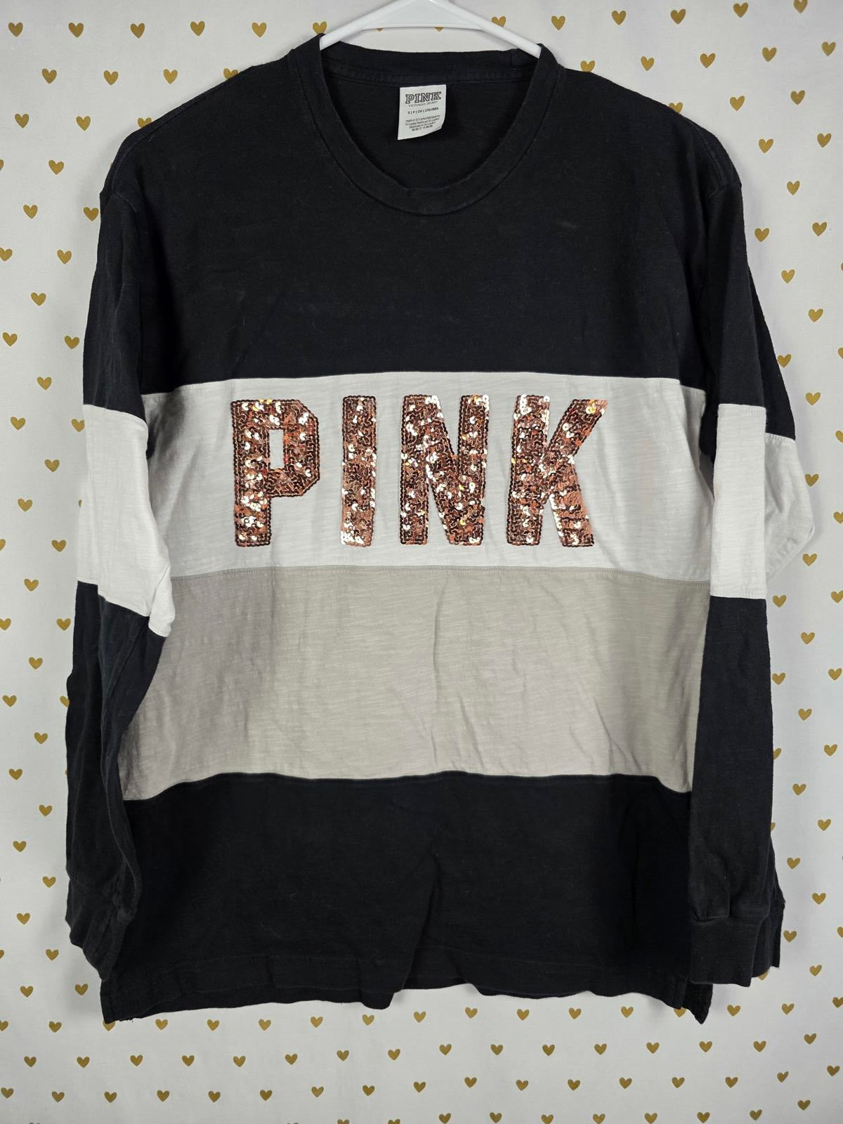 Victorias Secret PINK Colorblock Rose Gold BLING Sequined Long Sleeve Tee Shirt