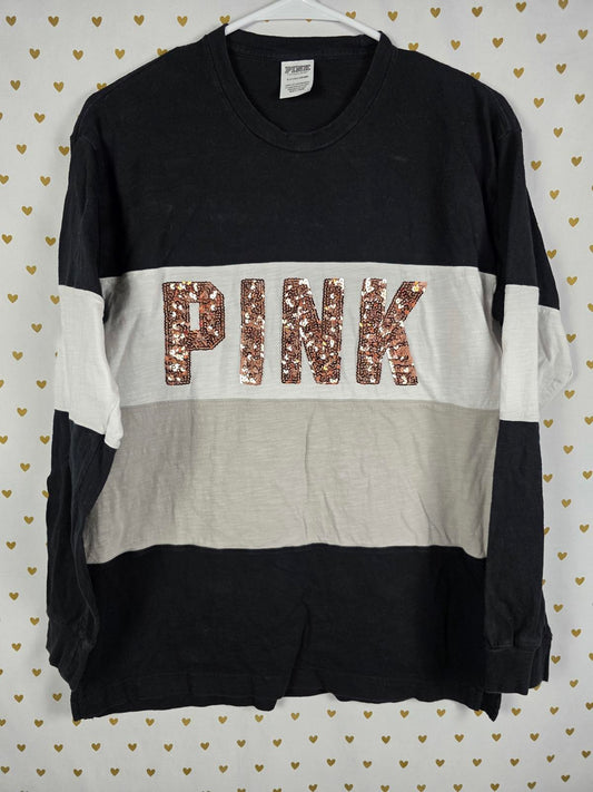Victorias Secret PINK Colorblock Rose Gold BLING Sequined Long Sleeve Tee Shirt