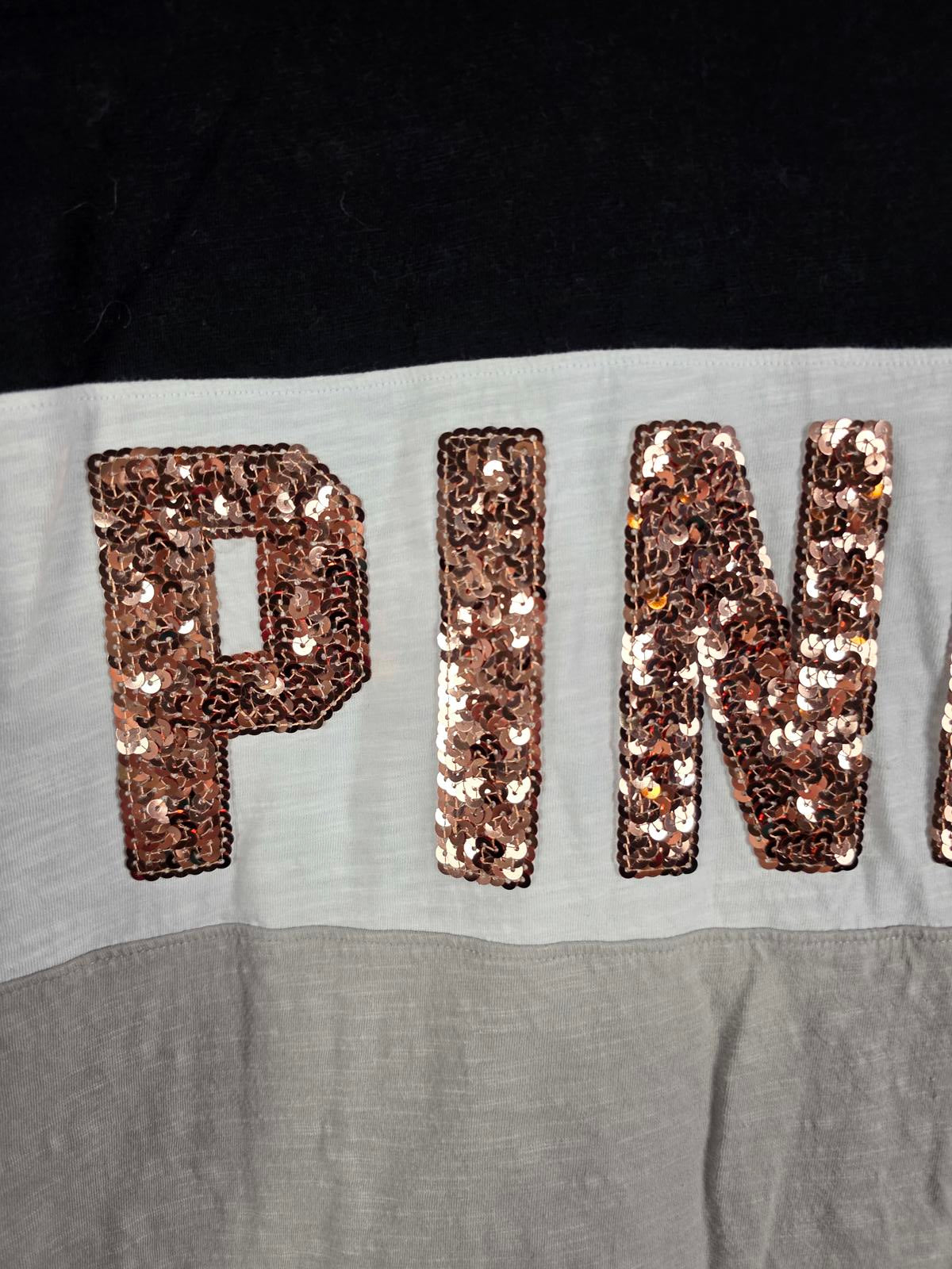 Victorias Secret PINK Colorblock Rose Gold BLING Sequined Long Sleeve Tee Shirt