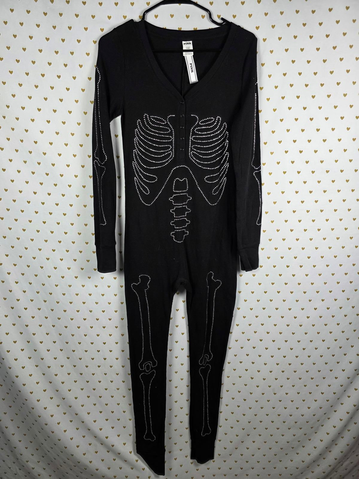 PINK Victoria Secret Black One Piece Bling Skeleton Thermal Pajamas NEW NWT Sm