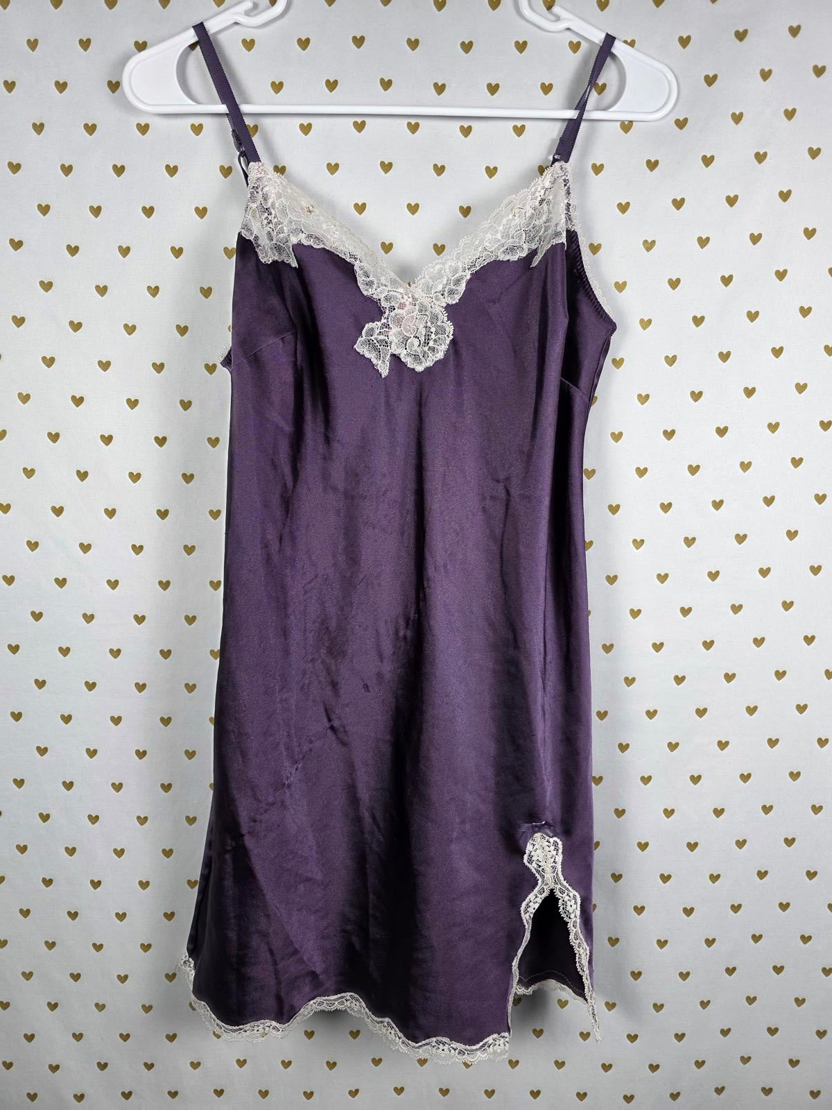 Victorias Secret Purple Satin Silky Slip Dress Lingerie Nightie Lace Lined Med