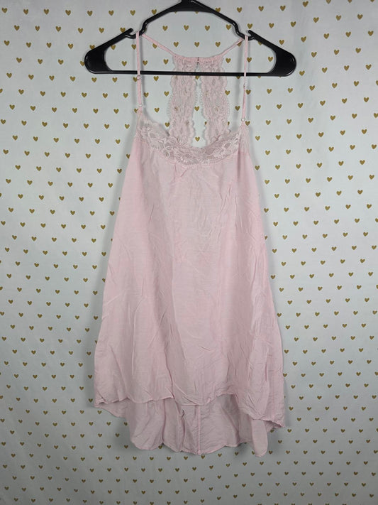 Victorias Secret Sexy Pink Satin Slip Dress Lace Accent MEDIUM Flowy Nightie