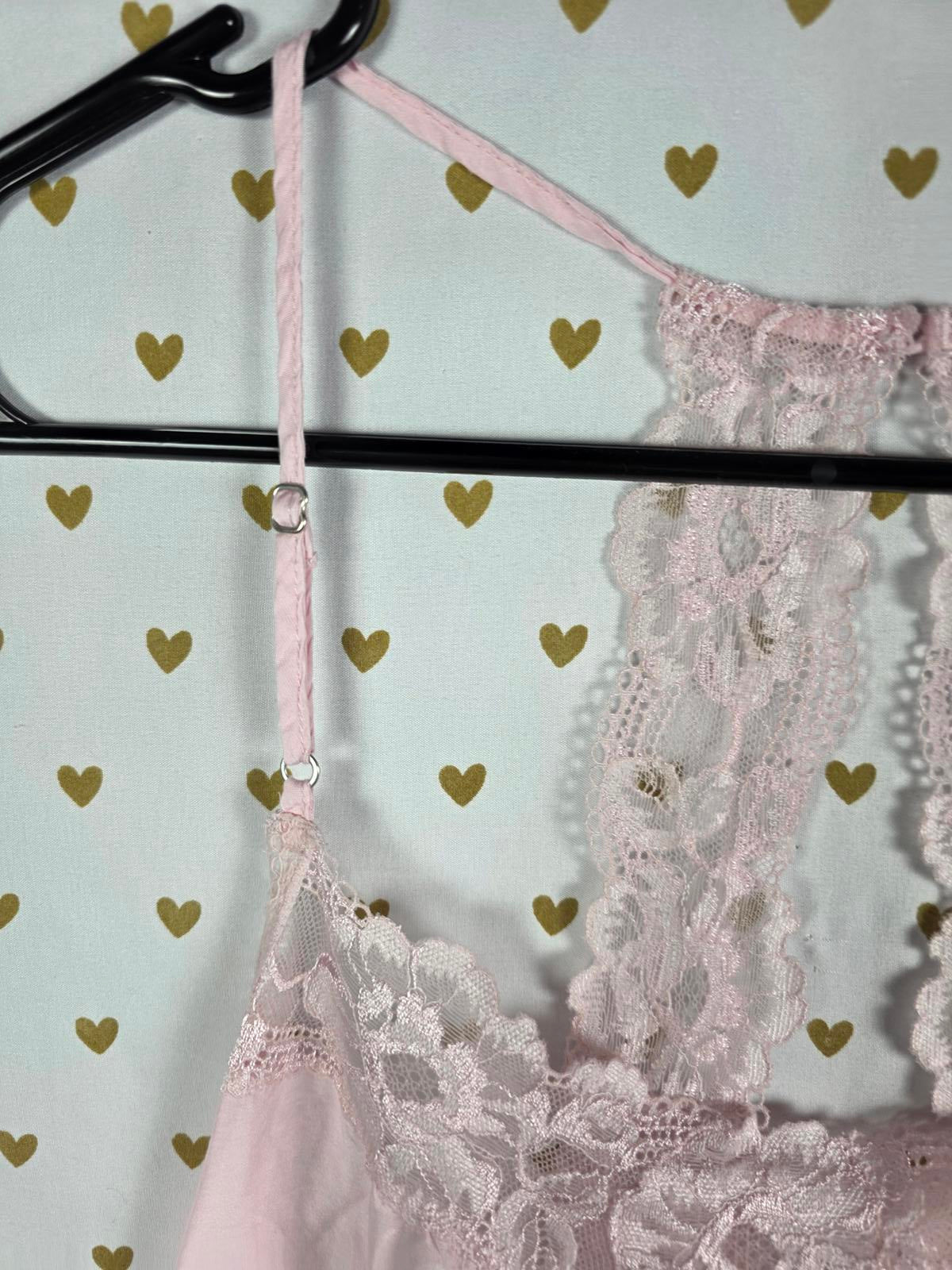 Victorias Secret Sexy Pink Satin Slip Dress Lace Accent MEDIUM Flowy Nightie