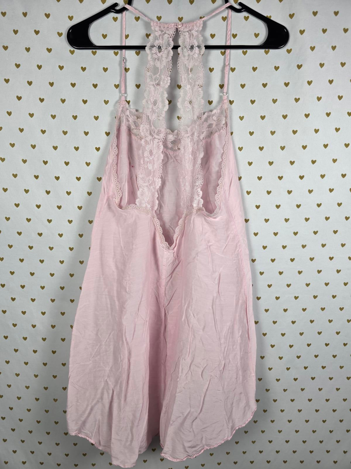 Victorias Secret Sexy Pink Satin Slip Dress Lace Accent MEDIUM Flowy Nightie