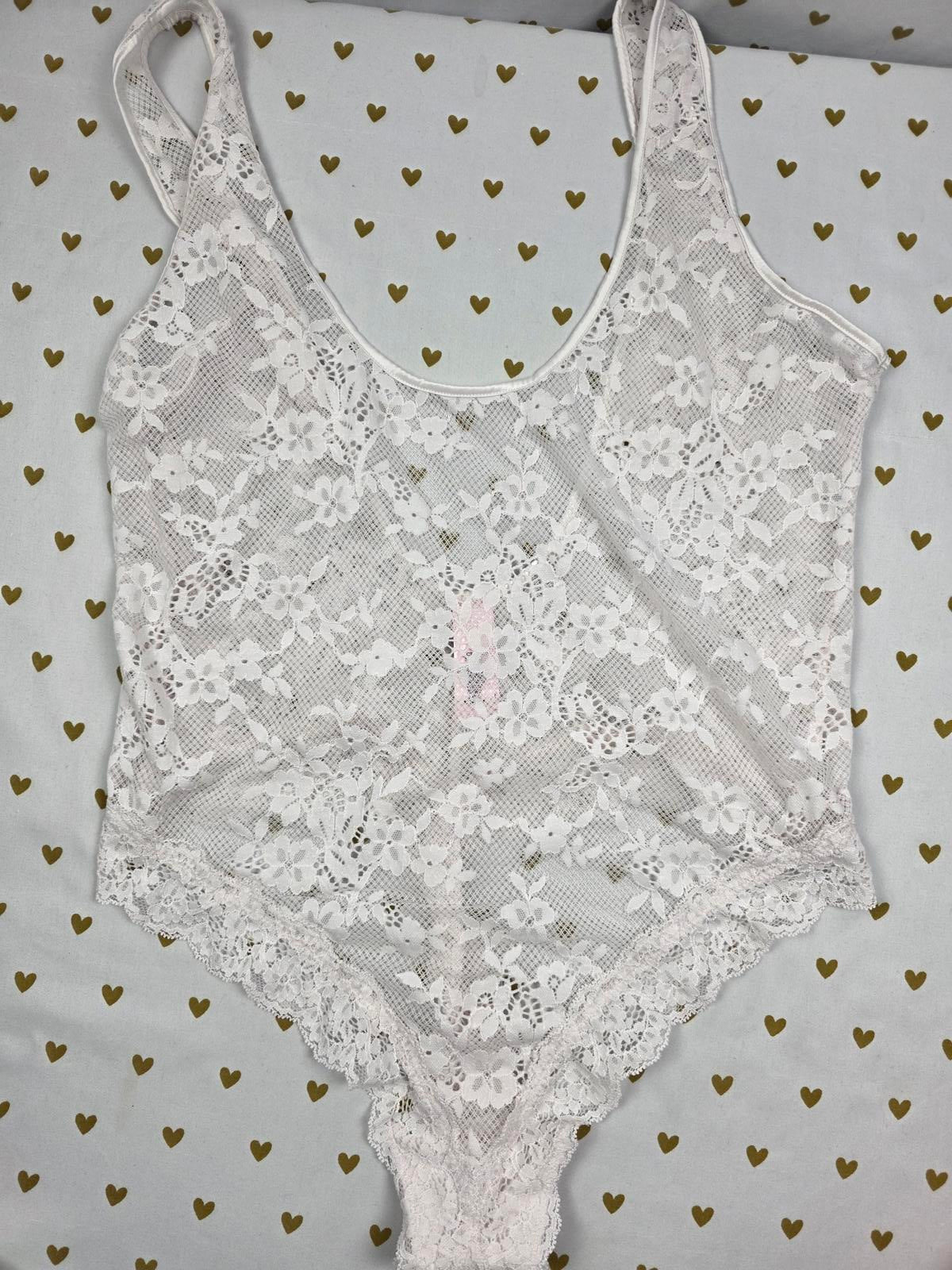 Victorias Secret Sheer White Lace Large Snap Close Teddy Bodysuit Lingerie Thong