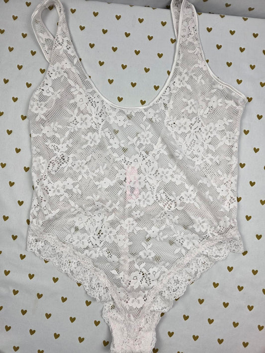 Victorias Secret Sheer White Lace Large Snap Close Teddy Bodysuit Lingerie Thong