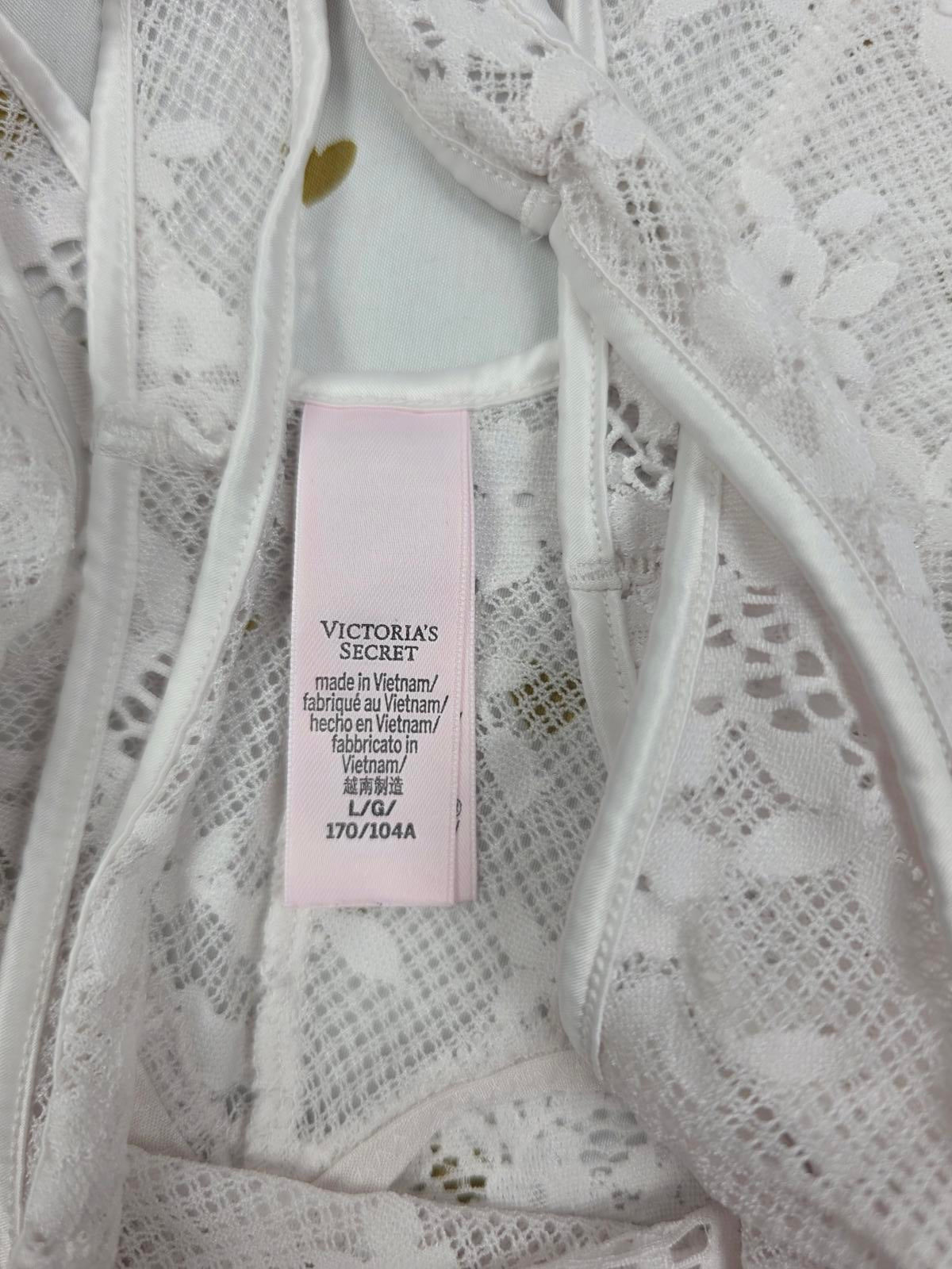 Victorias Secret Sheer White Lace Large Snap Close Teddy Bodysuit Lingerie Thong