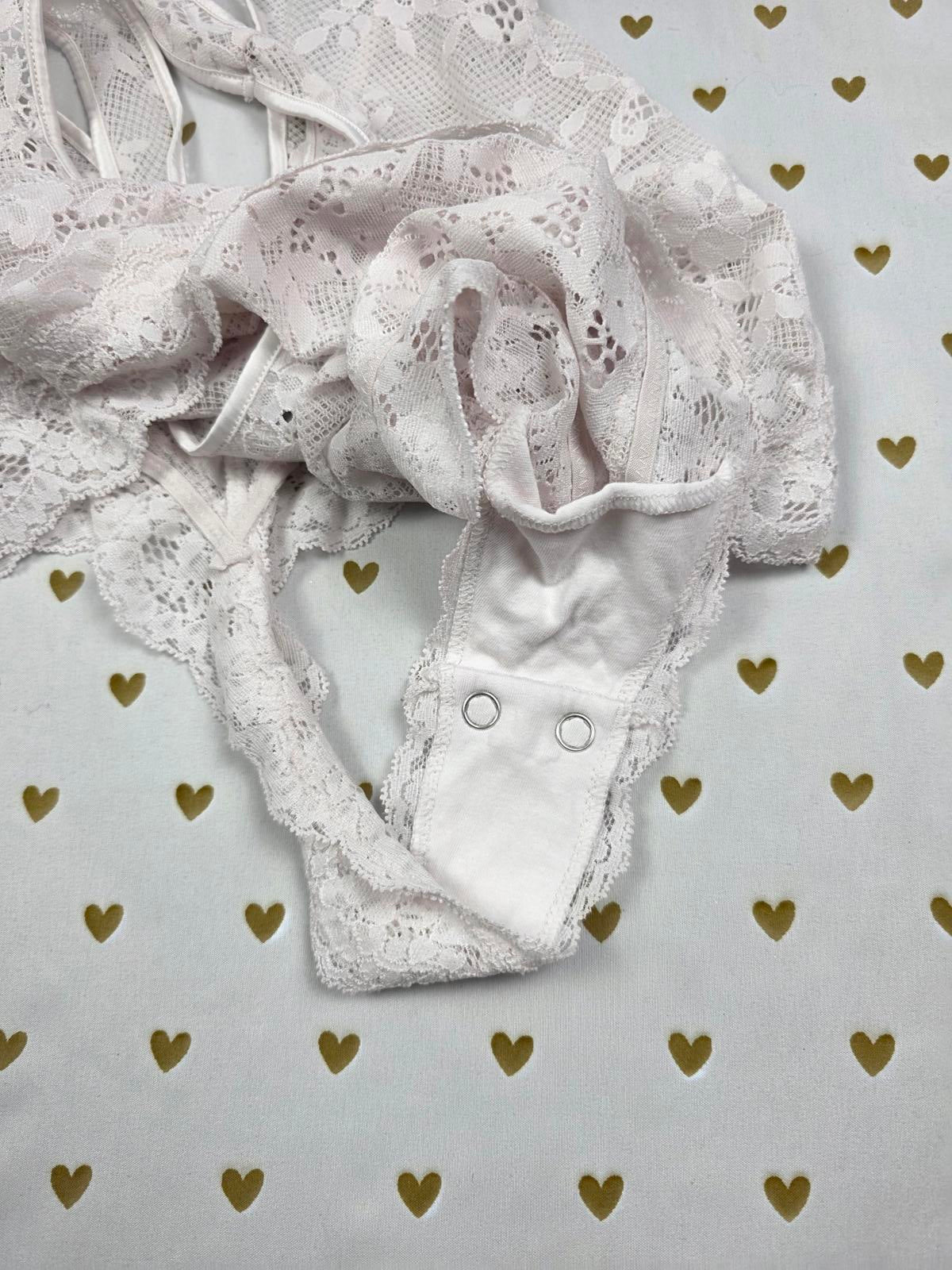 Victorias Secret Sheer White Lace Large Snap Close Teddy Bodysuit Lingerie Thong