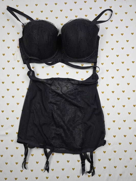 Victorias Secret Black 36D Caged Strappy Garter Push Up Lingerie Bustier