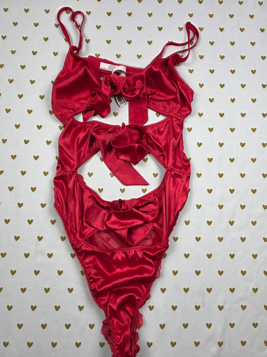Victorias Secret Rare RED Satin Tie Front Strappy Bow Teddy Bodysuit MEDIUM