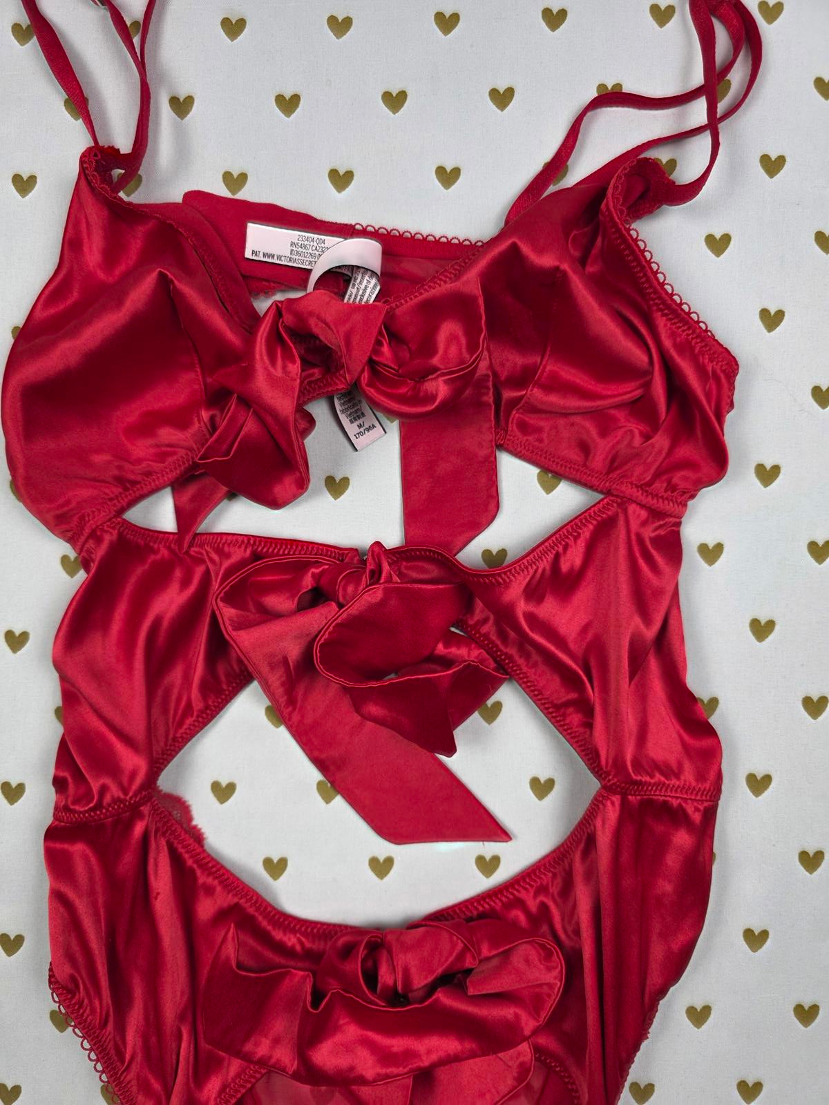 Victorias Secret Rare RED Satin Tie Front Strappy Bow Teddy Bodysuit MEDIUM