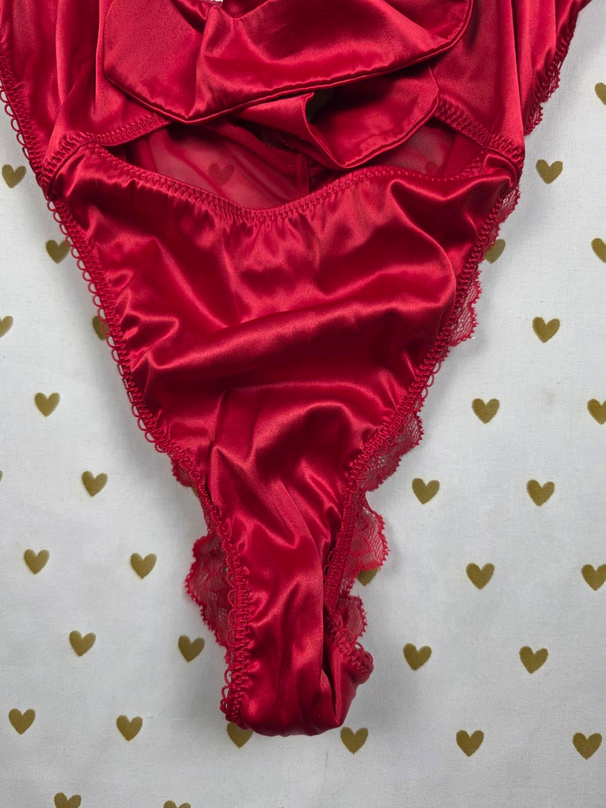 Victorias Secret Rare RED Satin Tie Front Strappy Bow Teddy Bodysuit MEDIUM
