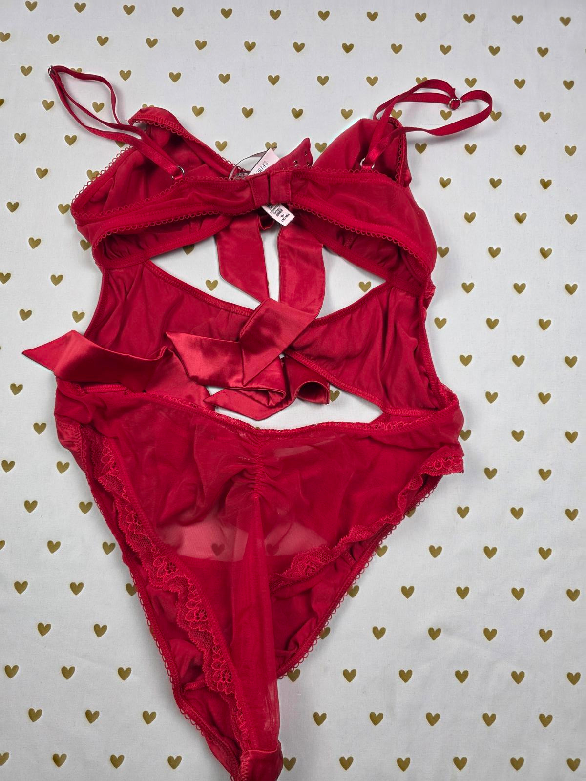 Victorias Secret Rare RED Satin Tie Front Strappy Bow Teddy Bodysuit MEDIUM
