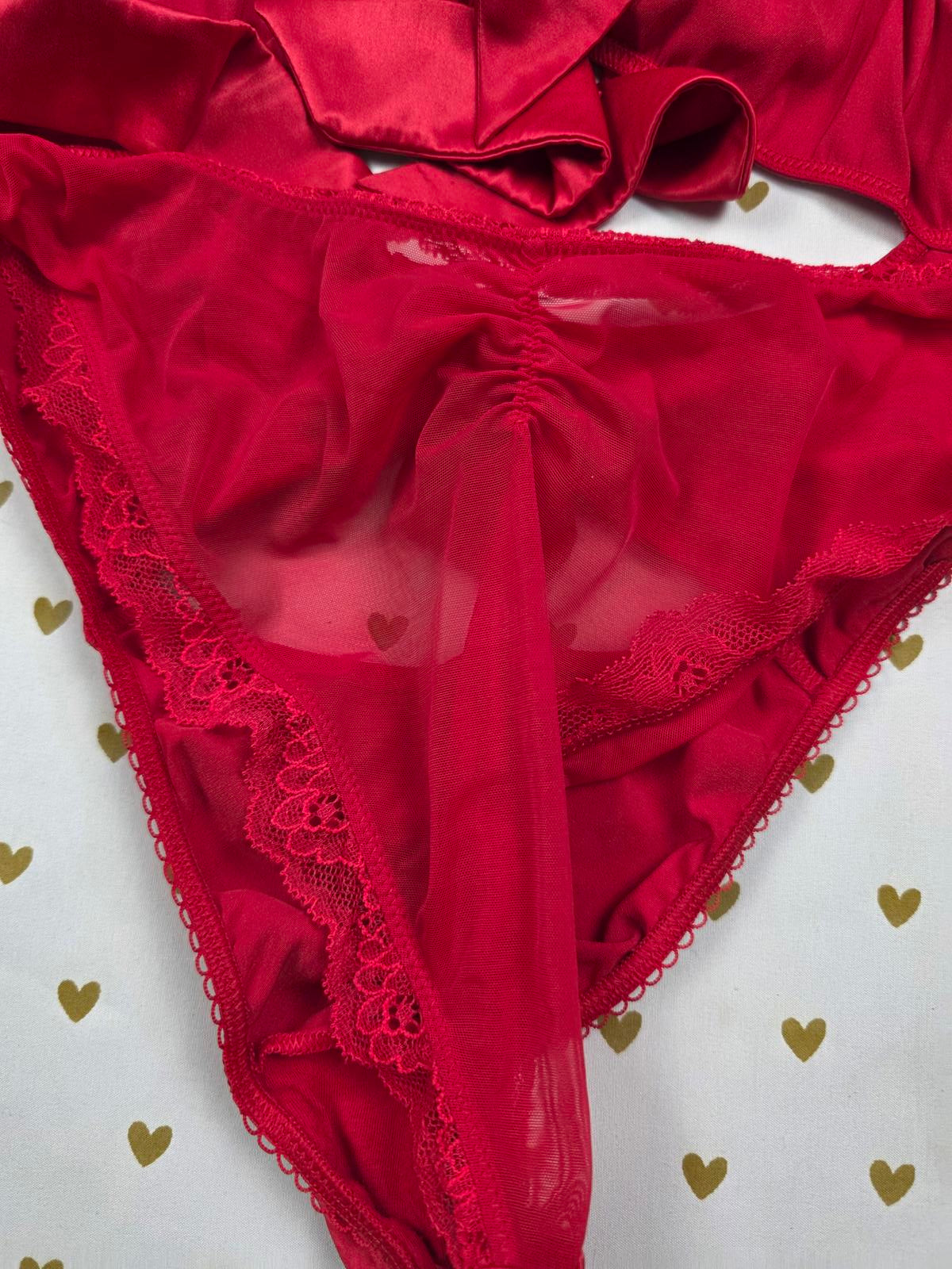 Victorias Secret Rare RED Satin Tie Front Strappy Bow Teddy Bodysuit MEDIUM