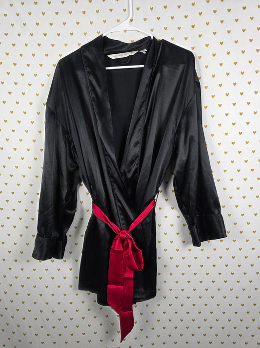 Victorias Secret Satin Silky Robe Black Red HEART LABEL VINTAGE ONE size fits AL